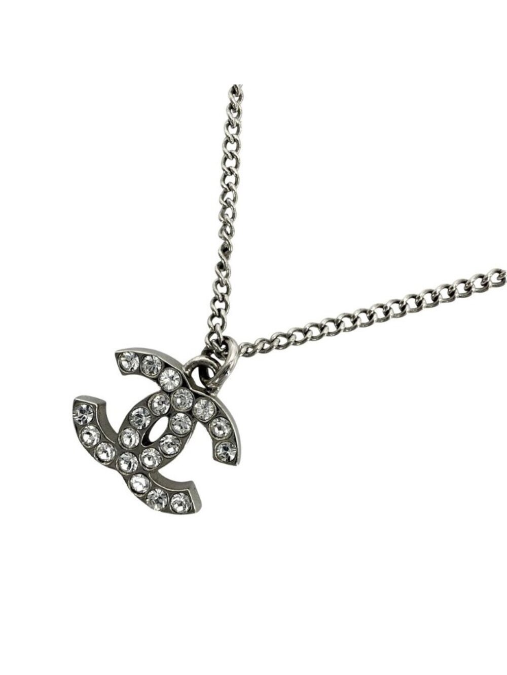 Chanel Necklace CC Logo Rhinestone Silver